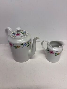 Vintage Limoges France Porcelain Floral Teapot and Creamer Set 2